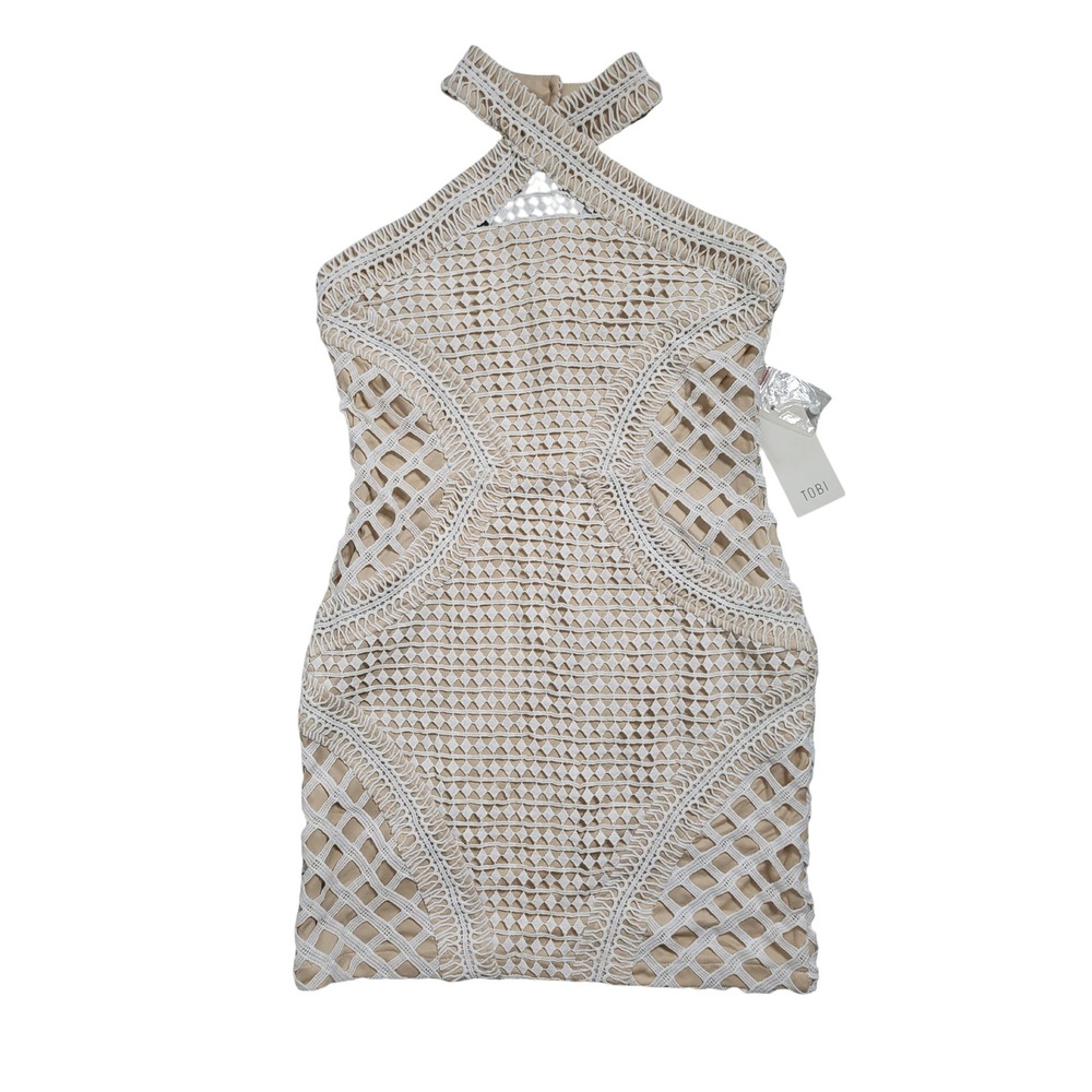 Tobi White Crochet Halter Mini Dress Beige Lining Resort Wear Boho Size M NWT